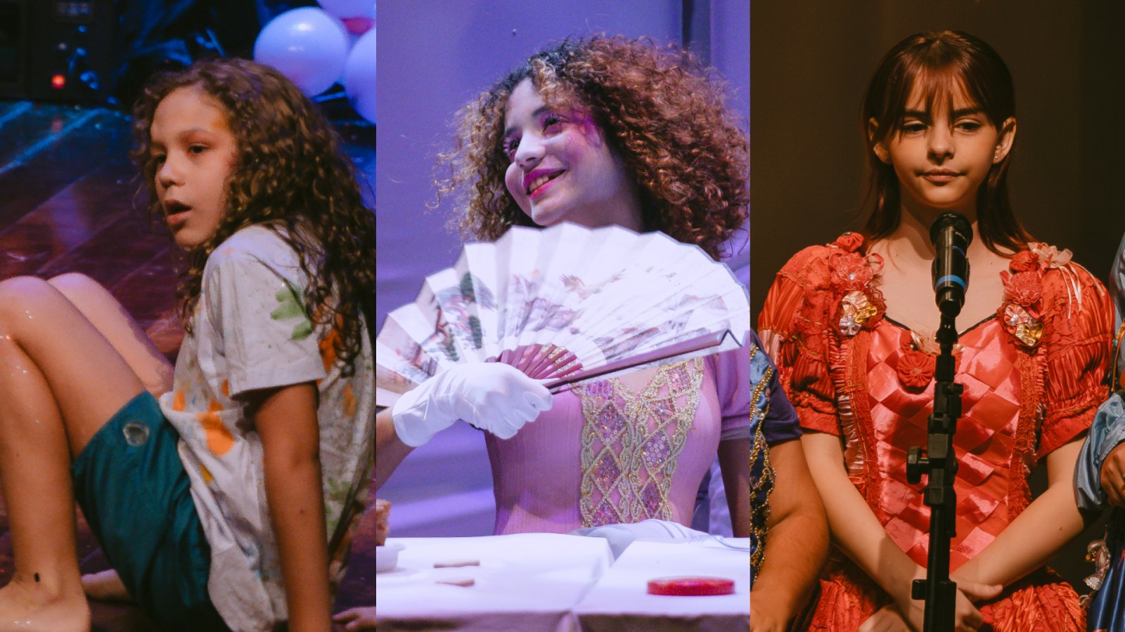 Montagem com três fotos lado a lado de jovens artistas em cena: à esquerda, uma criança de cabelos cacheados e camiseta estampada sentada no chão; ao centro, uma jovem maquiada segura um leque aberto em vestido rosa; à direita, uma garota de vestido vermelho estruturado está diante de um microfone.